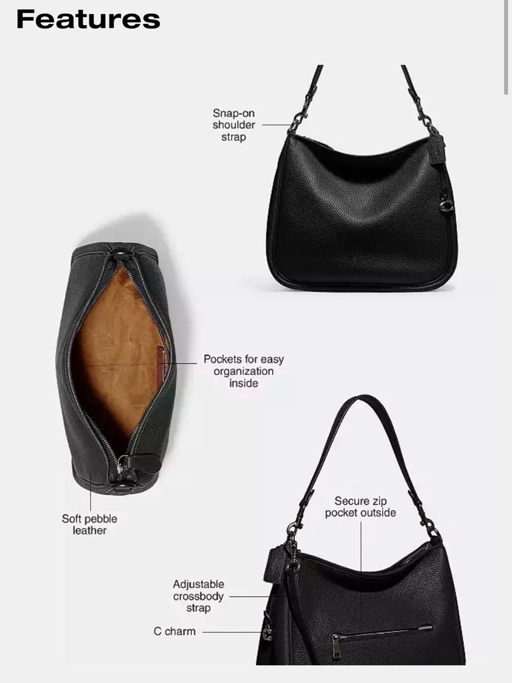 Coach Cary Soft Pebbled Leather Shoulder Bag in Dark Stone NWT, retails $395 - Picture 14 of 15